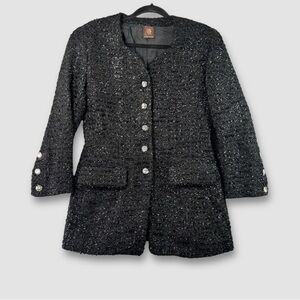 Vintage Anne Klein Black 80s 90s Metallic Embellished Wool Blend Blazer Size 10